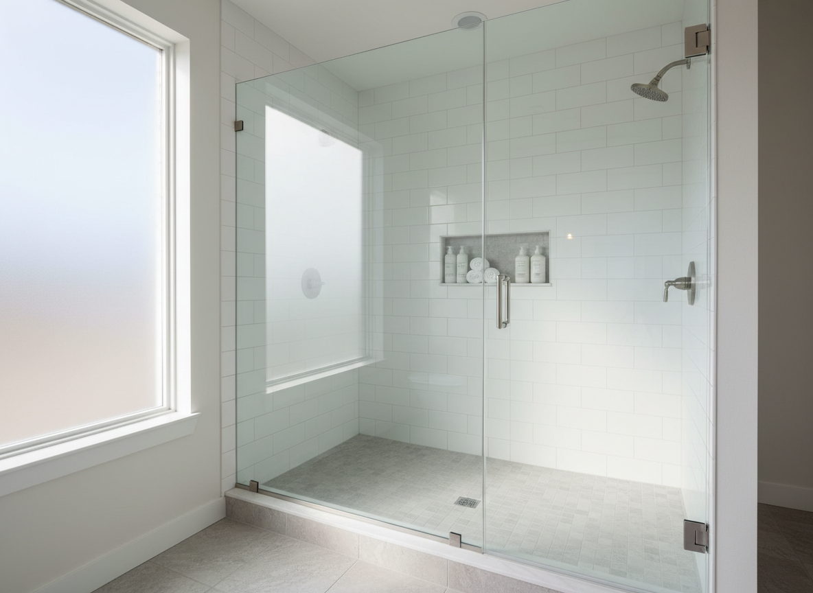 A spotless frameless glass shower enclosure in a contemporary San Antonio master bathroom, with ultra-clear tempered glass panels stretching from floor to ceiling and minimal brushed stainless-steel hardware. The enclosure is set against smooth white subway tile walls and a light gray stone-tiled floor, with a built-in niche displaying neatly arranged toiletries. Soft morning sunlight streams in through a nearby frosted window, creating crisp reflections and subtle highlights along the glass edges. Photographic realism, shot at eye level with a wide-angle lens, sharp focus throughout. The mood is clean, professional, and inviting, emphasizing craftsmanship and premium residential glass installation.
