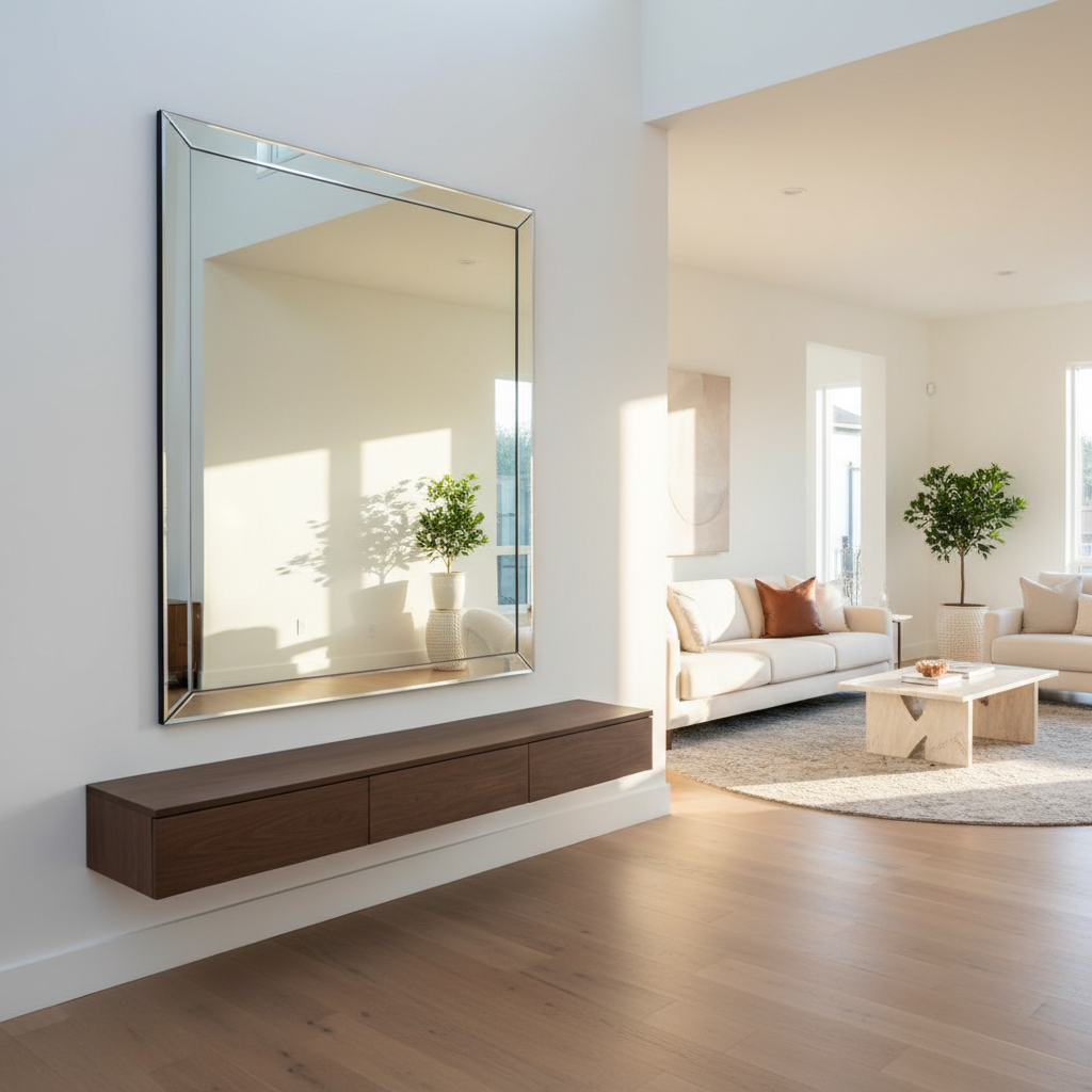 A bright, open-concept living room in a San Antonio home showcasing a large custom wall mirror mounted above a sleek floating console. The mirror has a flawless, beveled edge that catches the light, reflecting a tidy, modern space with neutral-toned furnishings and light wood floors. Natural afternoon light pours in from unseen windows, creating gentle highlights on the glass and soft shadows on surrounding walls. Photographic realism, composed with the mirror on the rule of thirds, slightly elevated camera angle to capture the reflection and room depth. The atmosphere feels spacious, polished, and trustworthy, highlighting the value of professional custom mirror work.