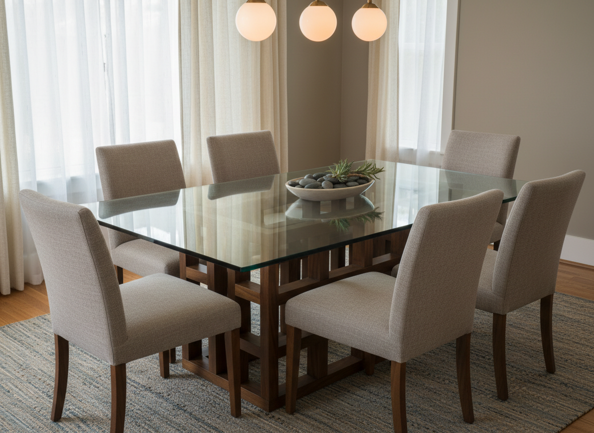 A refined dining room featuring a thick, custom glass tabletop resting on a dark wood base, the transparent surface revealing the craftsmanship of the support structure beneath. The glass is perfectly polished with a subtle green edge, free of scratches or imperfections. Around it, upholstered chairs and a simple centerpiece sit in an uncluttered arrangement. Warm pendant lighting from above reflects softly on the tabletop, creating gentle, elongated highlights without glare. Photographic realism, shot from a three-quarter angle at table height to emphasize the clarity and edge detail. The mood is elegant, durable, and practical, ideal for showcasing residential glass table top services.