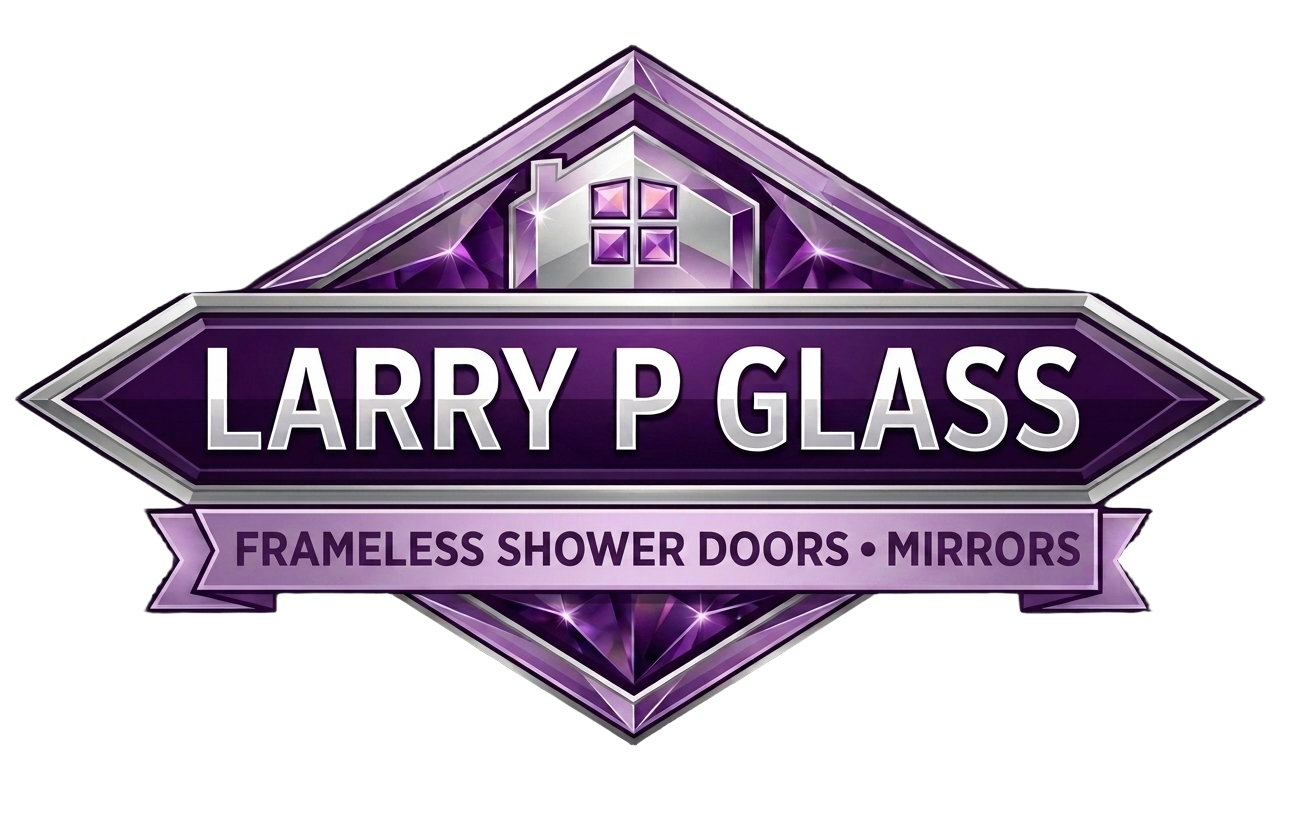 Remove the background from this Larry P Glass logo so it has a clean, transparent background suitable for a website header.