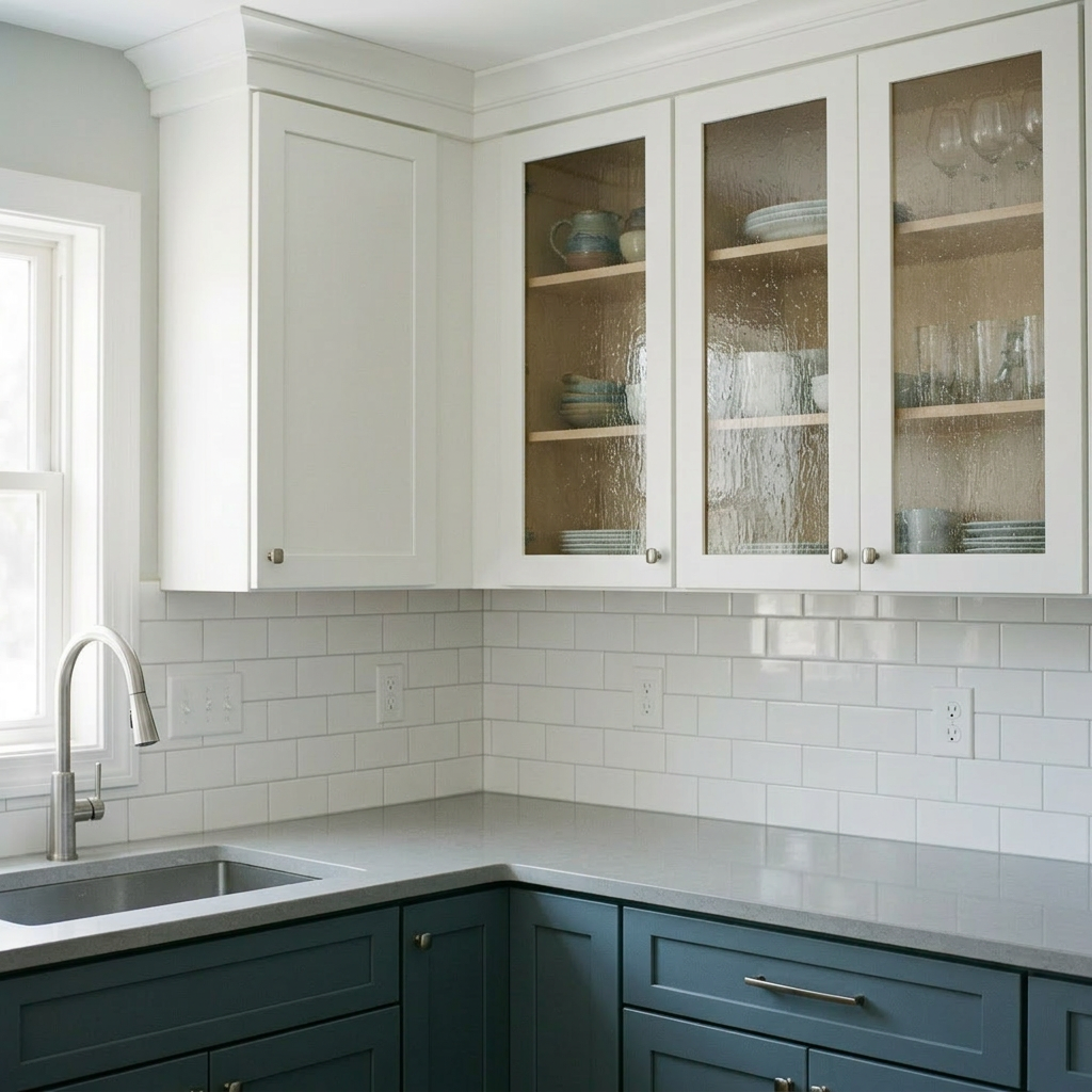 Modern kitchen corner with white glass-front upper cabinets, blue lower cabinets, and white subway tile backsplash