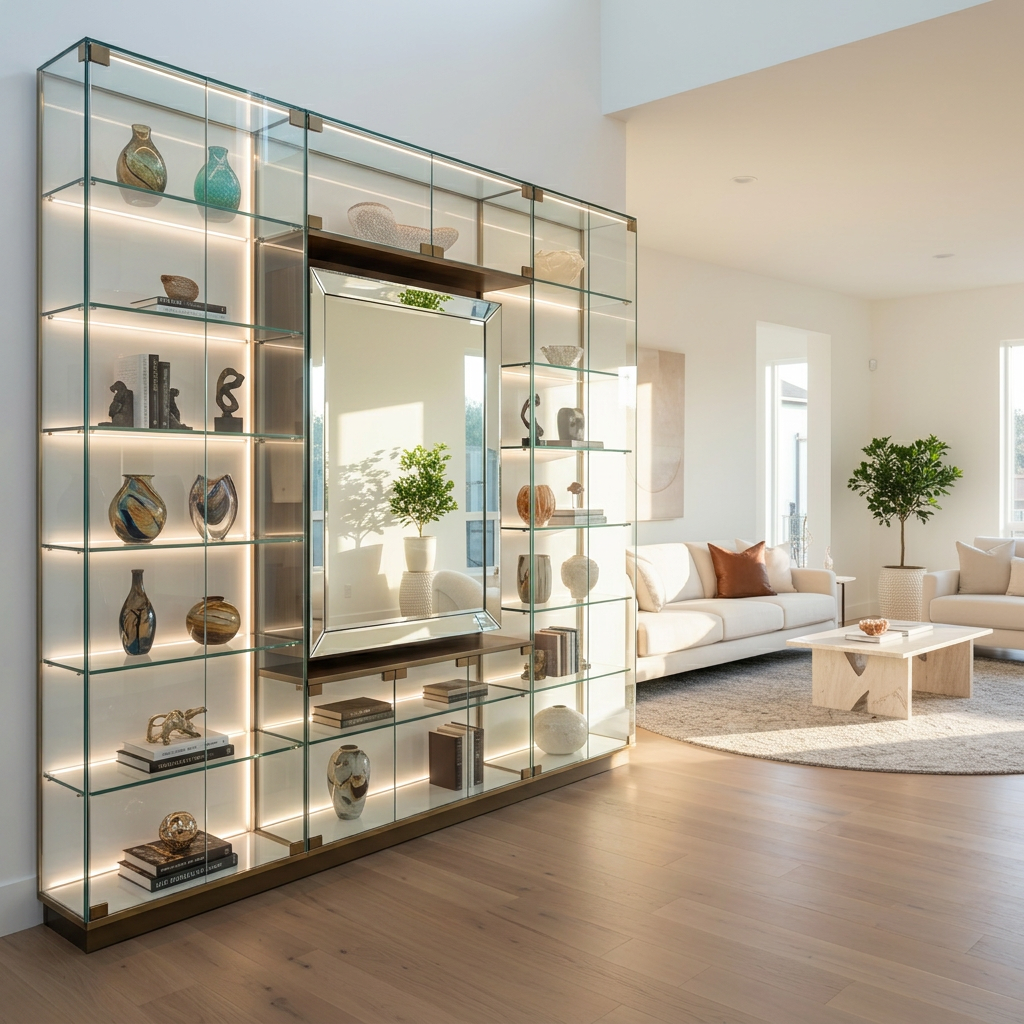 Glass shelving unit with vases, books, sculptures, and a large central mirror in a bright modern living room